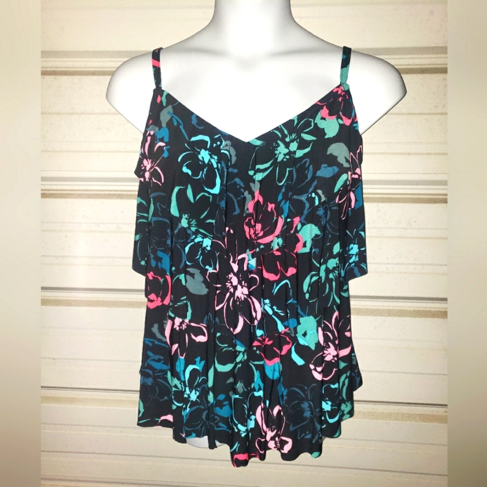 2X Plus Size New Tiered Tankini Swimsuit Top Swim Black Floral Aqua Green